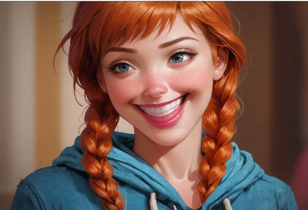 score_9,score_8_up,score_7_up,score_6_up, 1girl, Anna frozen, ginger, chest out, twin braids, portrait, candid, talking to someone out of frame, detailed, tight hoodie, jeans, multi-colored hair, at a comic book convention, laughing, waiting in line, indoors, boy and girl talking together