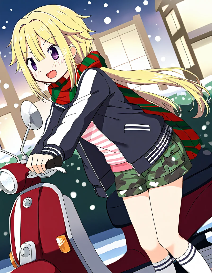 masterpiece, best quality, newest, absurdres, highres, safe, 1girl, mitsuki felicia \(delivery ver.\), magia record: mahou shoujo madoka magica gaiden, jacket, camouflage shorts, white kneehighs, solo, open mouth, scooter, snowing, outdoors, dutch angle, <lora:mitsuki_felicia_noobaiXLNAIXL_vPred10Version:0.7>