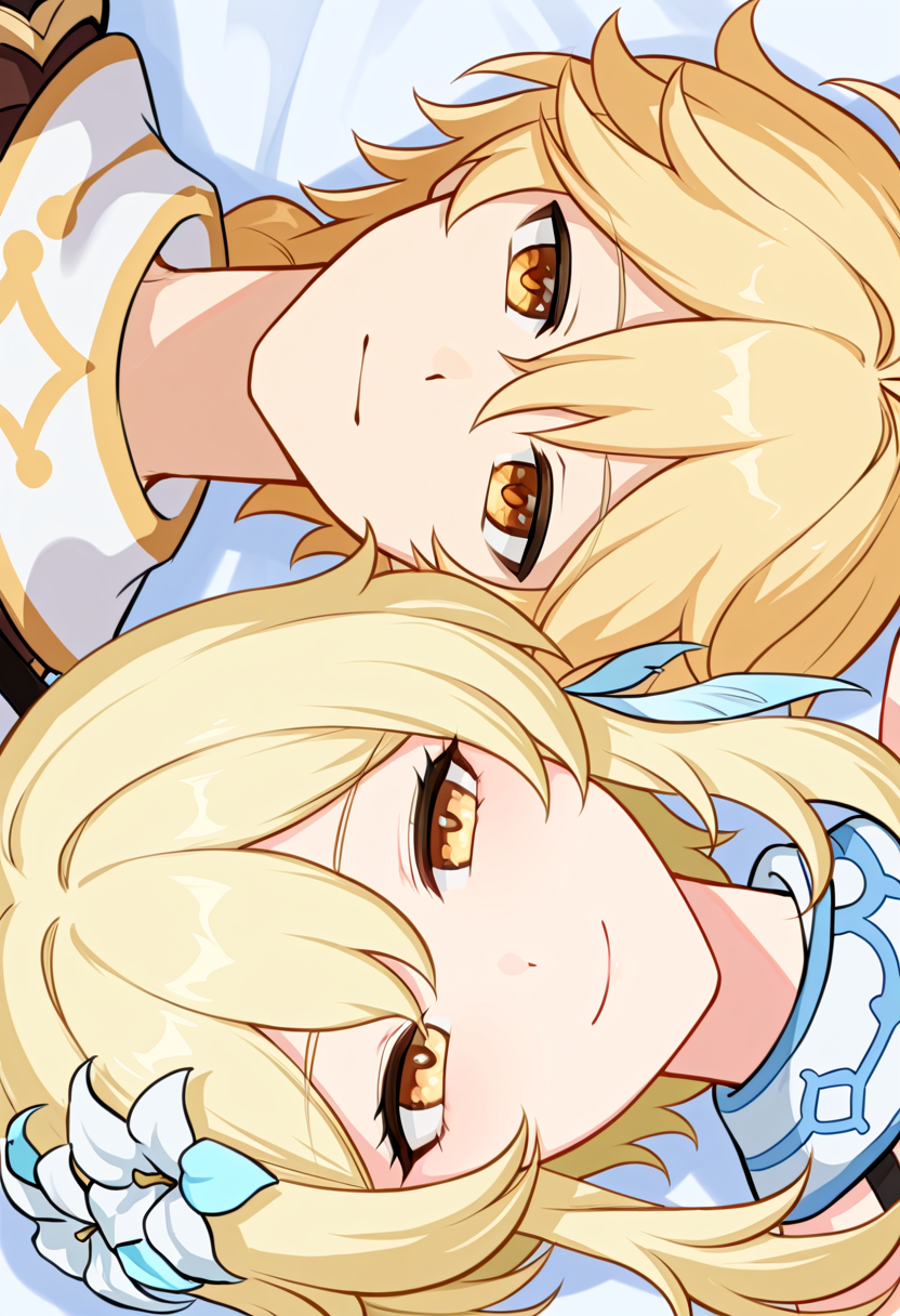 masterpiece, high quality, absurdres, lying parallel, lying, close-up, rotational symmetry, 1boy, 1girl.
BREAK
aether \(genshin impact\), closed mouth, smile,
BREAK
lumine \(genshin impact\), closed mouth, smile,
 <lora:Lying_parallel:1>