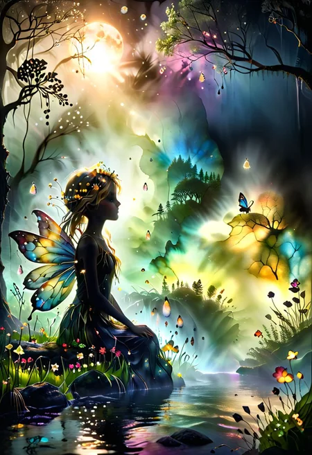 A vibrant and enchanting close up head shot photo of a silhouette of a cute and happy young fairy girl with freckles and flowing blonde hair and a flower crown with transparent crystal sparkling wings, sitting on a foggy riverbank by a waterfall in a dark eerie misty magical forest on the summer solstice. shallow depth of field, realistic, skin pores, imperfections. She is looking at friendly bioluminescent fairies, fireflies and woodland creatures, with the sun setting in the background, casting a golden glow over the scene. The lush greenery and colorful white flowers make the image lively and captivating, perfect for celebrating a summer birthday. Extremely detailed, intricate, whimsical, magical, mysterious, mesmerising, alcohol inks, reflections