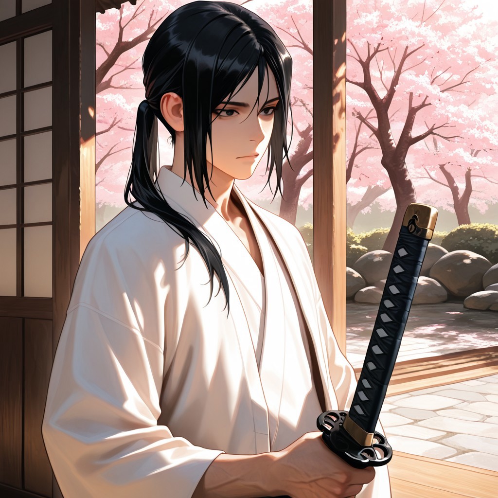 masterpiece, best quality, amazing quality, absurdres, newest, detailed background, definition so sharp, Ultra-HD, 8K cinematic, very awa, impressionate, amazing quality, highres, 
solo, male focus, manly, 
kurohyatogami, kuroh_black hair, kuroh_black eyes, 1boy, low tied hair, long hair, 
calm expression, gentle gaze, holding sword \(sheathed\), traditional japanese garden, cherry blossoms, soft lighting, peaceful, protective, serene, cool, warm aura