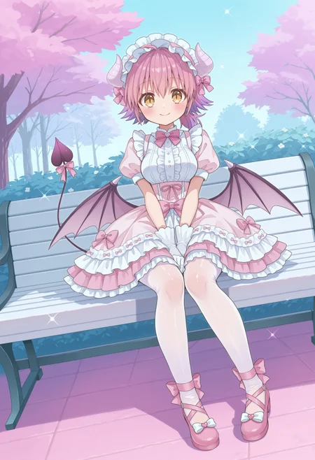 tori12style, 1girl, demon girl, demon horns, pink hair, low ponytail, gradient hair, multicolored hair, purple highlights, purple streaks, yellow eyes, slit pupils, low wings, demon wings, demon tail, masterpiece, best quality, absurdres, medium breasts,
(pastel theme, lolitafashion:1.2), pastel lolitafashion, sweet lolita_dress, shiny lolita_dress, victorian dress, kawaii, cute, moe, puffy padded dress, petticoat, puffy sleeves, pastel colors, pastel pink, pastel blue, frilled wide skirt, pantyhose, pastel dress, puffy sleeves, gloves, pastel headdress, many bows, multiple bows, ribbons, frills, frilled fabric, center frills, sparkles, glitter, cute lolita_shoes, leg ribbon, (tail ribbon:1.2),
outdoors, nature, park, park bench,
(solo:1.2), sitting, on bench, full body, dynamic pose, dutch angle, looking at viewer, v arms, happy smile