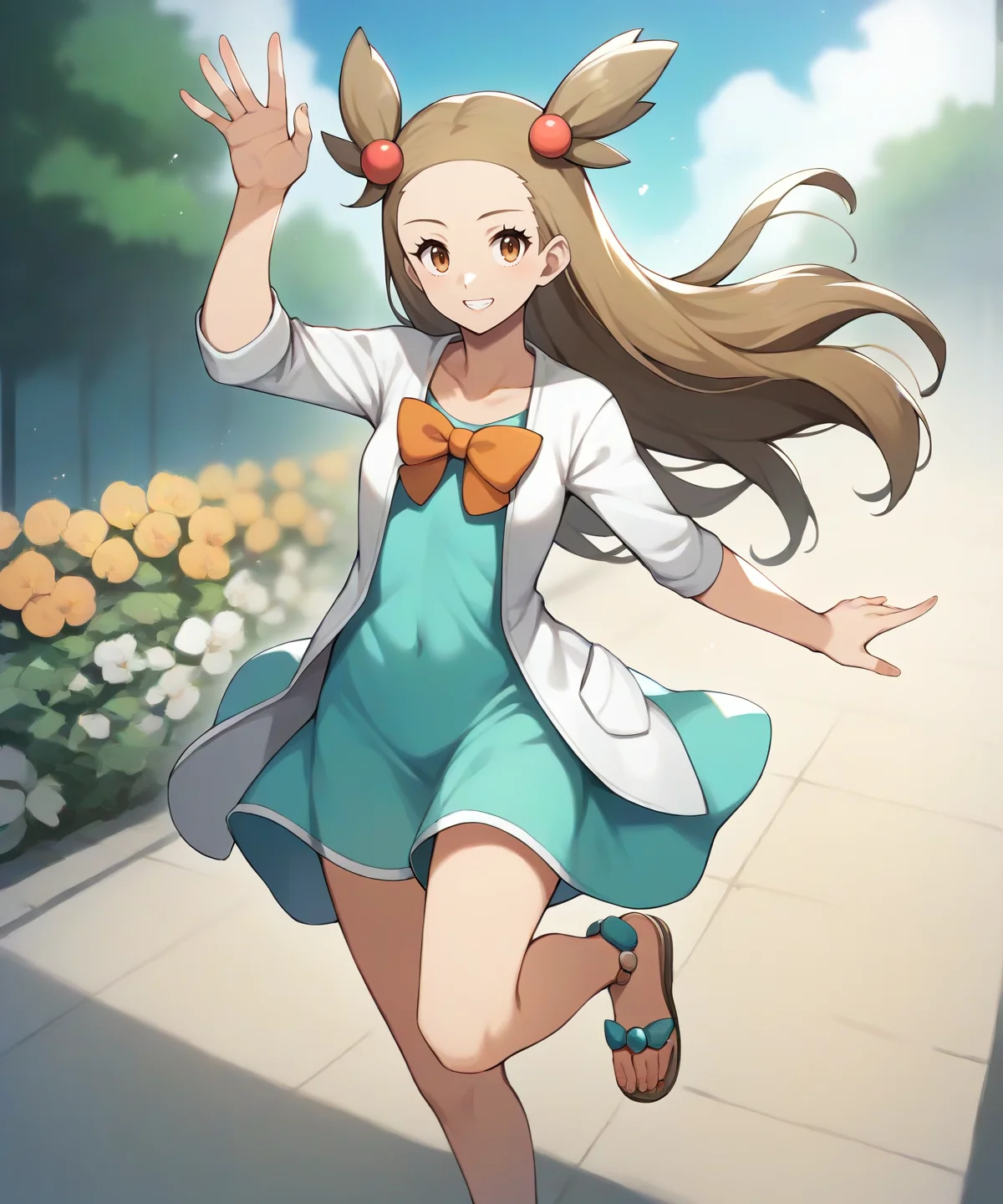 score_9, score_8_up, 1girl,
good quality, masterpiece, mature female, ultradetail, anime, source_anime, aesthetic, (solo)
 <lora:JasminePokemon-05:0.9>PokeJasmine,  long hair, sandals, short white cardigan, collarbone,  orange bowtie, sleeves past elbows,  (very short dress), aqua dress, looking at viewer, vibrant color, flowers, outside,dynamic pose,