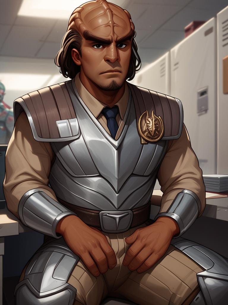 sitting in a cubicle in an office <lora:Klingon_v2_pony:1> score_9,score_8_up,score_7_up,score_6_up,score_5_up,score_4_up , 1man, kling0n alien, large forehead ridges, brown skin, large eyebrows, wearing warrior armor,