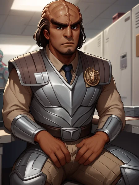 sitting in a cubicle in an office <lora:Klingon_v2_pony:1> score_9,score_8_up,score_7_up,score_6_up,score_5_up,score_4_up , 1man, kling0n alien, large forehead ridges, brown skin, large eyebrows, wearing warrior armor,