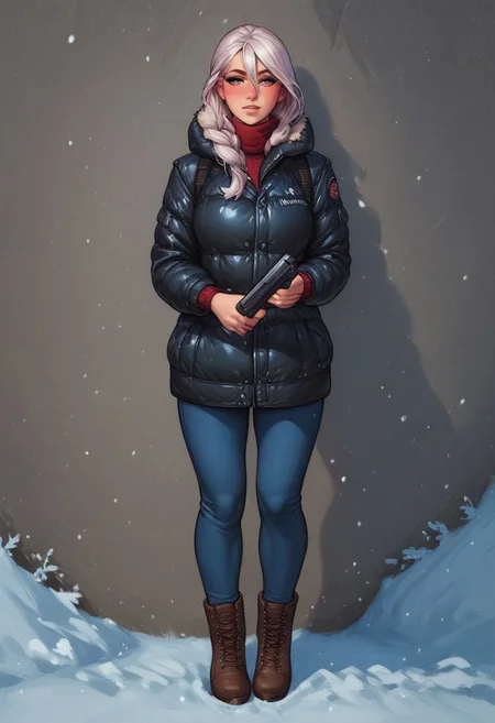 score_9, score_8_up, score_7_up, BREAK,
1 girl, portrait, winter jacket with fur hood, long hair, winter, snowfall, 1girl solo, white hair, looking at viewer, bangs, day, blue sky, hair between eyes, outdoors, blush dramatic lights, relax, ((long big pistol in hands, handgun in hands))
(((full-clothed))),
BREAK
strange world background score_9, score_8_up, score_7_up, score_6_up, source_cartoon, rating_explicit, Expressiveh, (((((full body))))), dynamic pose