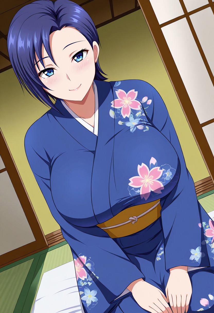 general,highres, ultra-detailed,very aesthetic,best quality ,best hands,best eyes,easynegative,
dynamic anglre, dutch angle, anime cloring,
1girl solo,looking at viewer,Japanese room, washitsu,seiza,smile,
Shizue,blue_eyes, blue_hair, short hair, huge_breasts,Japanese clothes, kimono,