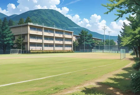 score_9, score_8_up, score_7_up, rating_safe, masterpiece, best quality, absurdres, unity 8k wallpaper, official art, official style, source_anime, uncensored, game cg, megami magazine,
koutei, scenery, outdoors, tree, grass, sky, fence, day, blue sky, power lines, building, field
<lora:gakkou_ground_PONY_V1:1>