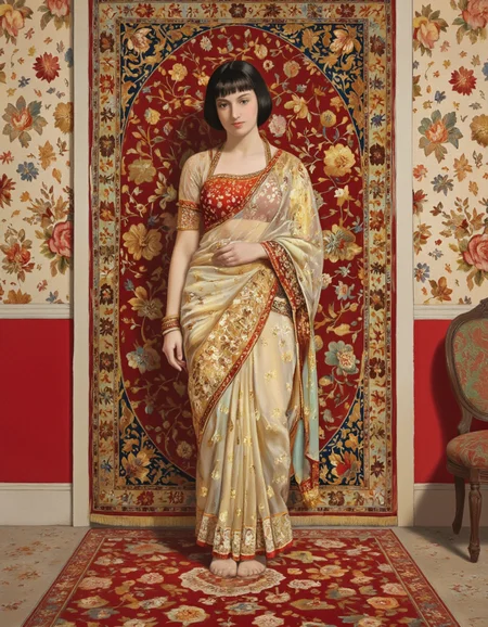 Art by Tigran Matulian. A digital illustration shoot from a frontal camera angle about a female figure standing in a floral-patterned room with red walls and a large, ornate rug. the image also shows intricate patterns and floral motifs on the fabrics. on the middle of the image, a woman, who appears to be in her mid-twenties, with short black hair and a neutral expression, stands with her arms at her sides. she is wearing a sheer, red and gold sari with floral patterns. the sari is intricately designed with a floral pattern and has a subtle sheen. her body is slim and toned, and she is barefoot. her eyes are looking directly at the viewer. her hair is styled in a short hair style, and her hair color is black. her facial expression is neutral. the background is a red, gold, and floral patterned rug with intricate floral patterns, and the image is signed "renee" in the bottom left corner.