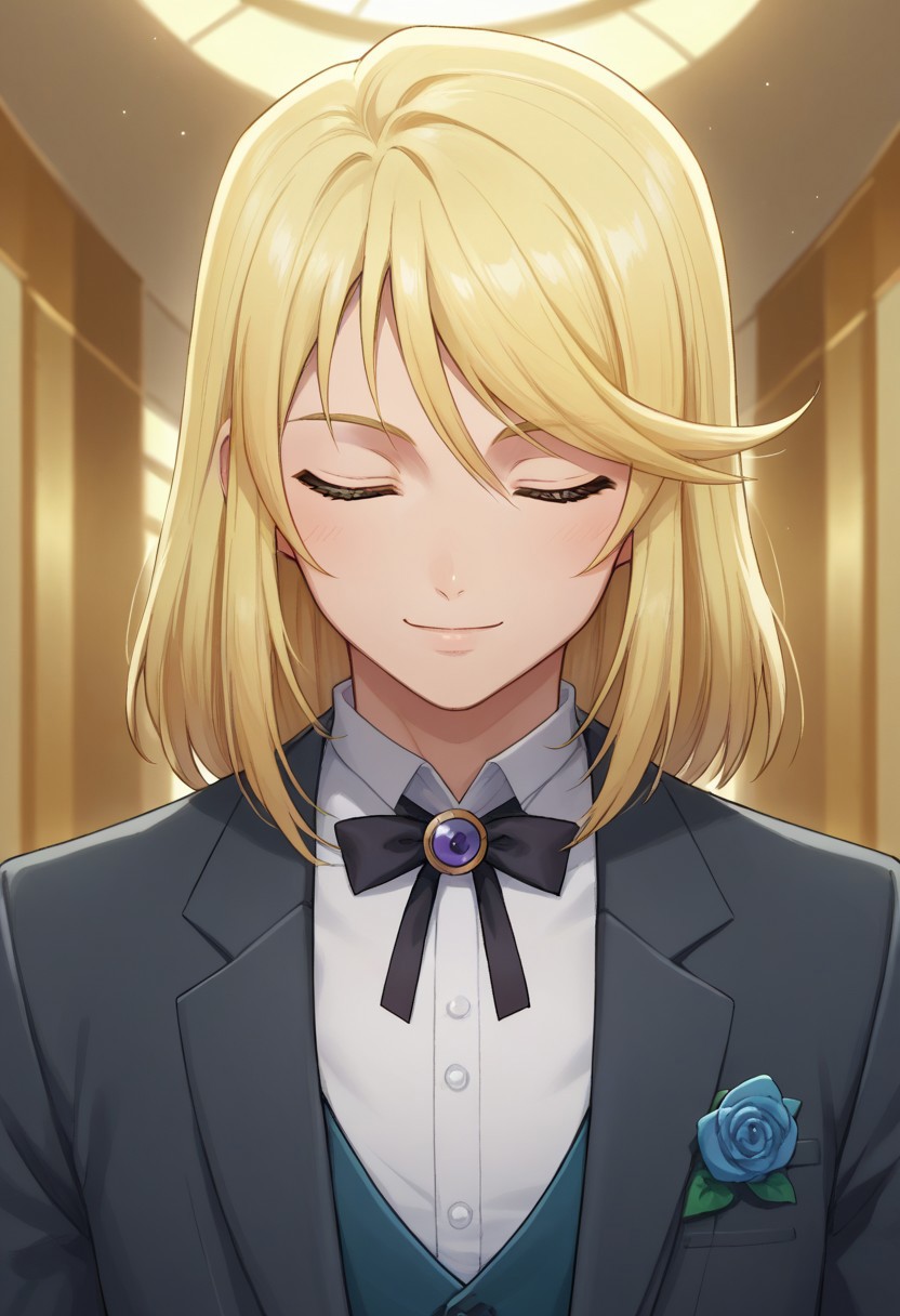 score_9, score_8_up, score_7_up, source_anime, highly detailed, 
mithos, blonde hair, solo, male focus, 1boy, closed eyes, smile, formal,
suit, androgynous, looking at viewer, ribbon,  neck ribbon, upper body, indoor,
