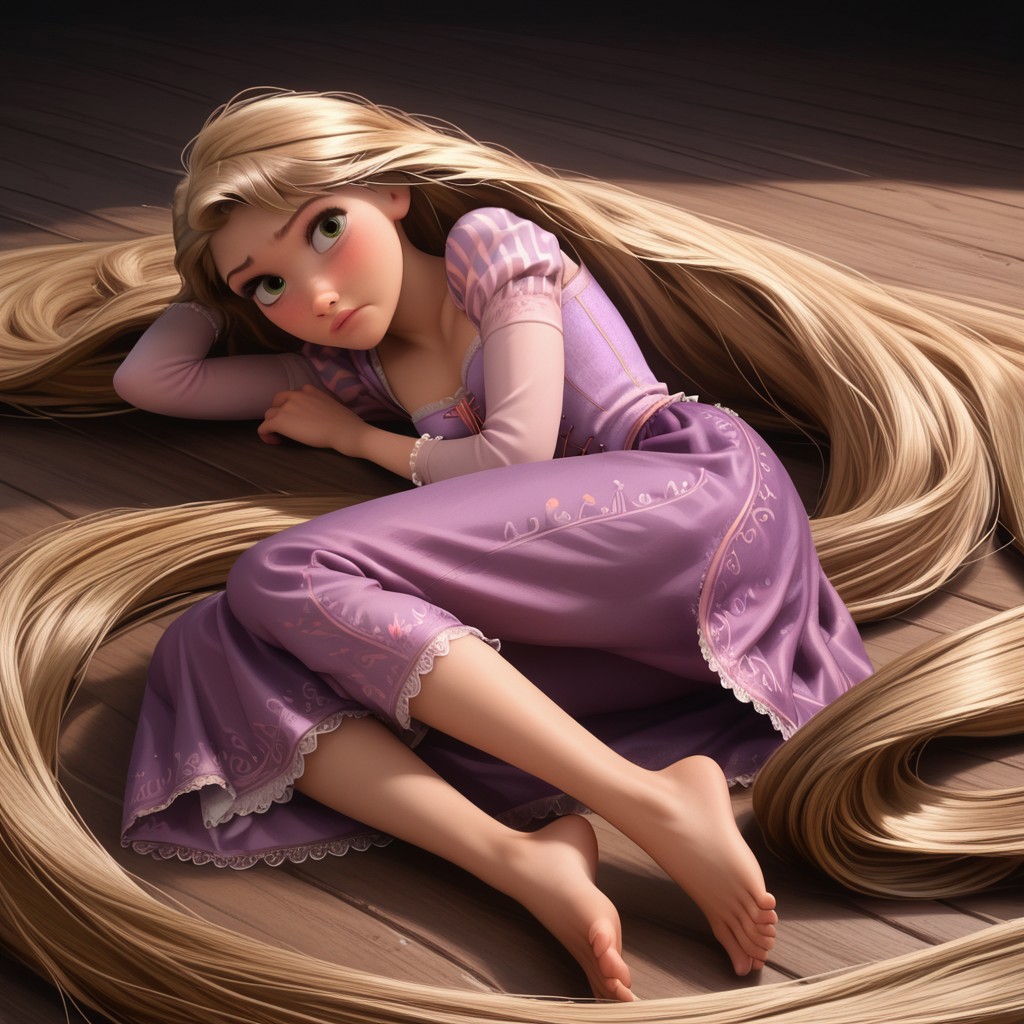 score_9, score_8, score_7, score_6, Rapunzel, 1girl, R_punzel, very long hair, laying on side, barefoot, posing, feet up