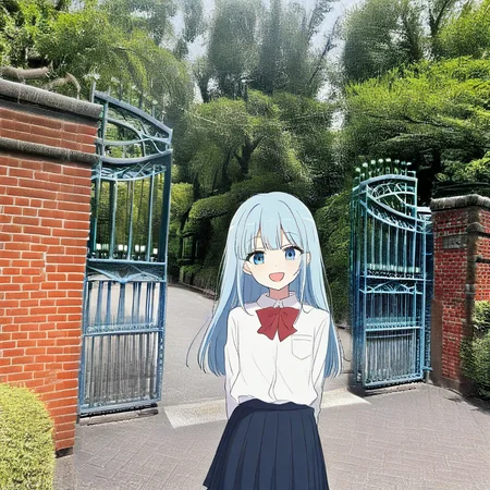 school gate, 1girl, outdoors, solo, blue eyes, blue hair, shirt, long hair, white shirt, smile, tree, collared shirt, skirt, looking at viewer, school uniform, open mouth, red bricks wall, photo background