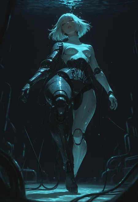 mcht2, 1girl, android, synthetic, (prosthetic_jaw:1.2), (prosthetic_arms:1.15), (prosthetic_legs:1.1), (prosthetic breasts), flowing hair, medium hair, inverted bob, (white_hair), blunt bangs, wispy_bangs, long neck, closed eyes, lips, parted lips, small breasts, (white-turtleneck shrug), amputee, maintenance, prosthesis, single_mechanical_arm, (unaware), wires, cables, nape cable, dynamic pose, dramatic angle, floating, underwater, experiment, watertube, caustics, huge ass, bottom heavy, large hips, huge thighs, single_mechanical_leg, prosthetic_leg, feet, barefoot, , sci-fi, ((foreshortening)), toes, toenails, (blurred_foreground), depth of field, dark_background, bokeh, light particles, detailed lighting, soft lighting, perspective, masterfully drawn, expressive, amazing quality, best resolution, very aesthetic, 4k, latest, , <lora:7816f2e6-0748-4dd1-8f42-d358756e2d5d:0.9>