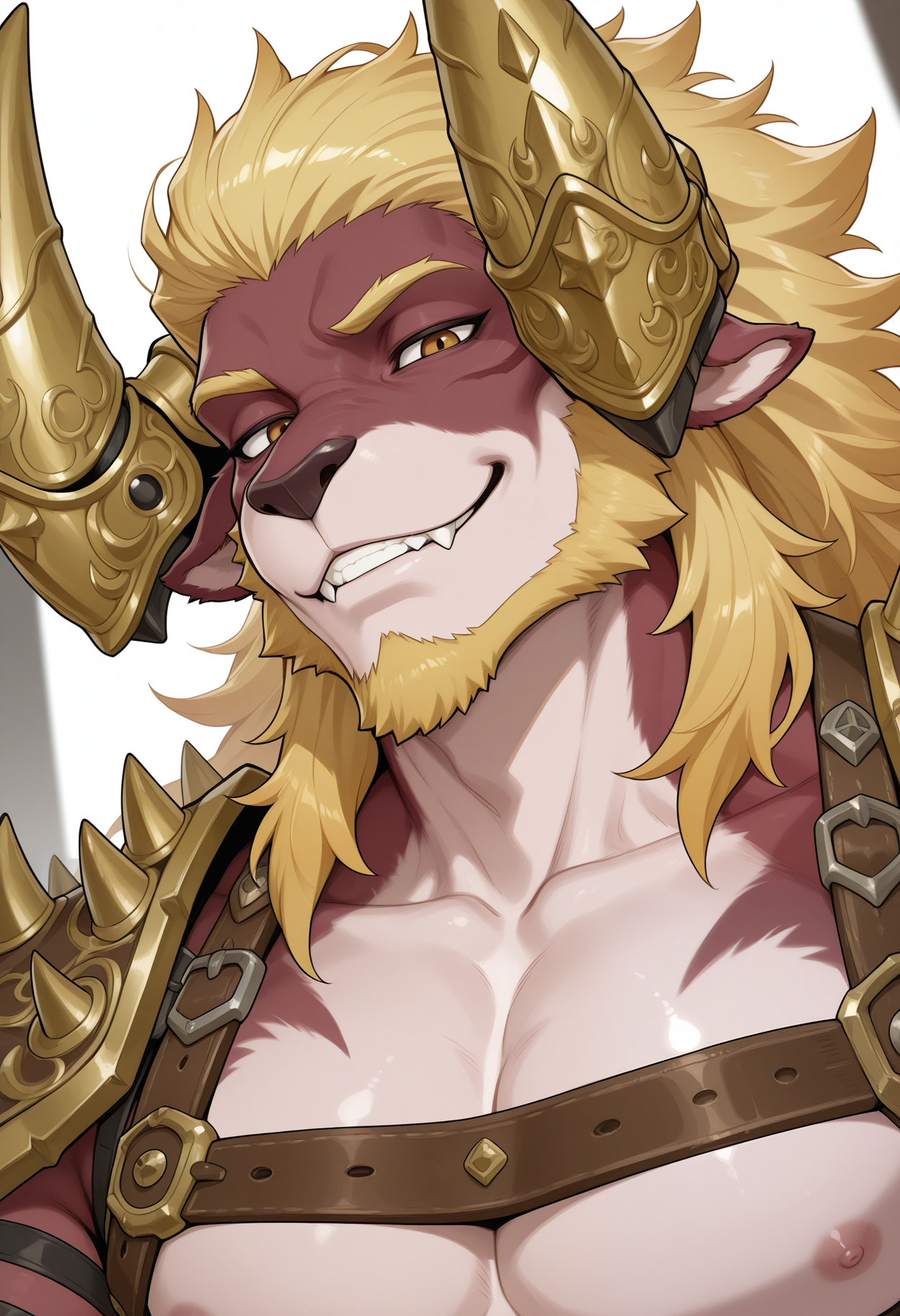 masterpiece,best quality,amazing quality, 1boy, solo, dyn4, furry male, red fur, yellow hair, curved horns, gold horn armor, brown eyes, chest harness, close up, side angle, smug,