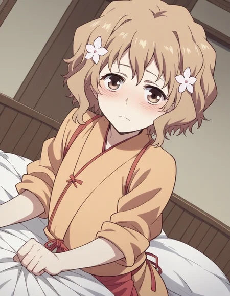 score_9, score_8_up, score_7_up, source_anime,
ohanamatsumae, <lora:ohana-matsumae-s1-ponyxl-lora-nochekaiser:1>,
ohana matsumae, short hair, brown hair, hair ornament, brown eyes, flower, hair flower,
japanese clothes, kimono, apron, sleeves rolled up,
indoors, bed, bed room, on side, blush, drunk,
looking at viewer, cowboy shot, solo, dutch angle,