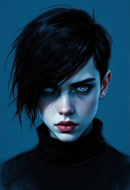 A dark, moody portrait of a young teenager with ((short black hair)) that has been combed to the side, wearing a high-collared outfit. The background is a solid, intense blue, contrasting with their dark attire, expression is serious and intense, with shadows partially covering their face, creating a mysterious and brooding atmosphere. Use a painterly, expressive style with loose, textured brushstrokes, capturing raw emotion and a sketch-like quality. Emphasize dramatic lighting and shadow to create depth and a sense of intensity. Symmetrical face. Blue eyes.