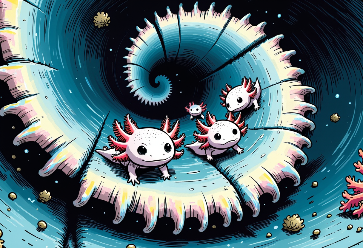 th3s1mpl3st comic, Axolotls climb the vast, spiraling staircase of a winding seashell, their tiny bodies dwarfed by the enormous curves and ridges. The shellâs iridescent surface reflects faint rainbows in the dim light, and each step is a careful calculation as the axolotls move slowly, their eyes wide with the scale of their journey., the axolotls have pink frilly gills and round black eyes