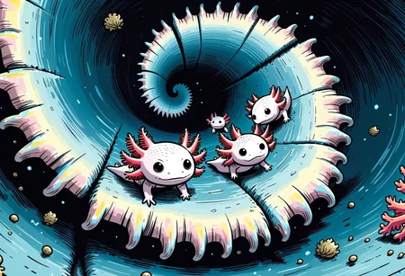 th3s1mpl3st comic, Axolotls climb the vast, spiraling staircase of a winding seashell, their tiny bodies dwarfed by the enormous curves and ridges. The shellâs iridescent surface reflects faint rainbows in the dim light, and each step is a careful calculation as the axolotls move slowly, their eyes wide with the scale of their journey., the axolotls have pink frilly gills and round black eyes