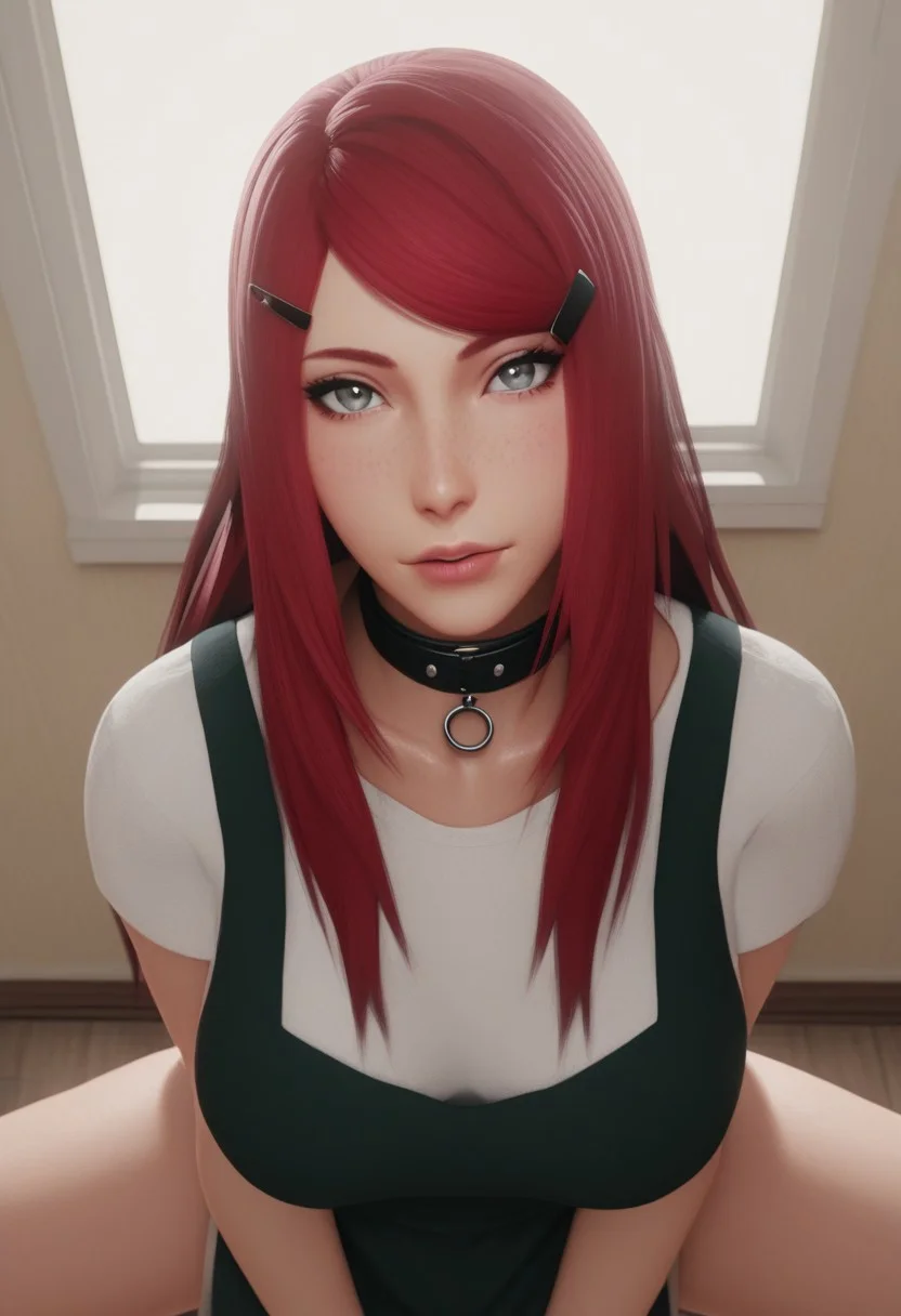 score_9, score_8_up, score_7_up, realistic,
intimidate ambiance, dim lighting, ((adult))), focus on face, portrait, looking at viewer , from above, 25 years old,<lora:kushina-uzumaki-shippuden-anime-ponyxl-lora-nochekaiser_r1:1>, kushina, long hair, hair ornament, red hair, hairclip, grey eyes, swept bangs, shirt, dress, jewelry, white shirt, short sleeves, apron, bracelet, green apron, collar, large breasts, zPDXL3, 1woman, adult, voluptuous body, body freckles, dark skin, breasts, face, eyes, naughty look, spread legs, kneeling, arched back, raised sexy, posing, nsfw, seductive, indoors, house, bedroom, window