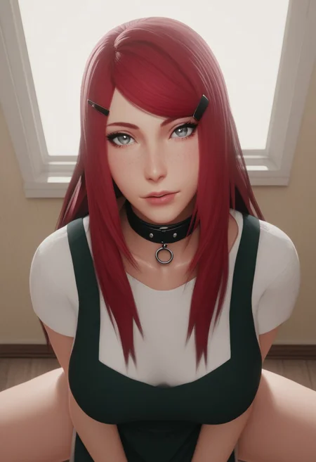 score_9, score_8_up, score_7_up, realistic, 
intimidate ambiance, dim lighting, ((adult))), focus on face, portrait, looking at viewer , from above, 25 years old,<lora:kushina-uzumaki-shippuden-anime-ponyxl-lora-nochekaiser_r1:1>, kushina, long hair, hair ornament, red hair, hairclip, grey eyes, swept bangs, shirt, dress, jewelry, white shirt, short sleeves, apron, bracelet, green apron, collar, large breasts, zPDXL3, 1woman, adult, voluptuous body, body freckles, dark skin, breasts, face, eyes, naughty look,  spread legs, kneeling, arched back, raised sexy, posing, nsfw, seductive, indoors, house, bedroom, window