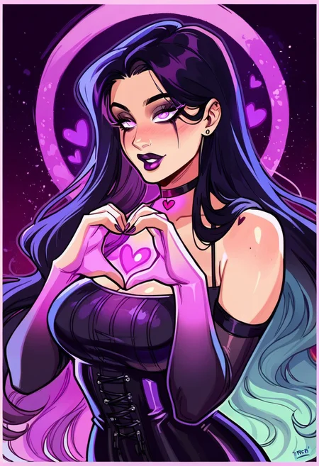score_9, score_8_up, score_7_up, high quality, bright multi colored eyes, 1 goth women fully clothed for winter, ((black choker, vintage clothes, midage clothes, fantasy clothes, heart hands, crazy wild hair style)), geometric Purple hearts all over background background, large breasts, long hair, love, milfs, aesthetic, face in love, (Purple glowing border around image,:1.3)