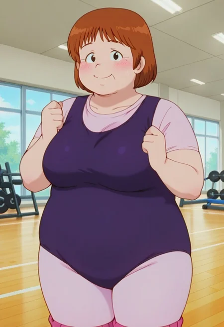 score_9,score_8_up,score_7_up,score_6_up,best quality,masterpiece, 1girl, solo, background is gym, (from side:0.5)
BREAK
cpbw, mature female, fat female, brown hair, short hair, smile, blush, black eyes, looking at viewer, purple leotard, pink shirt, layered clothes, short sleeves, pink leggings, pink leg warmers, large breastsl