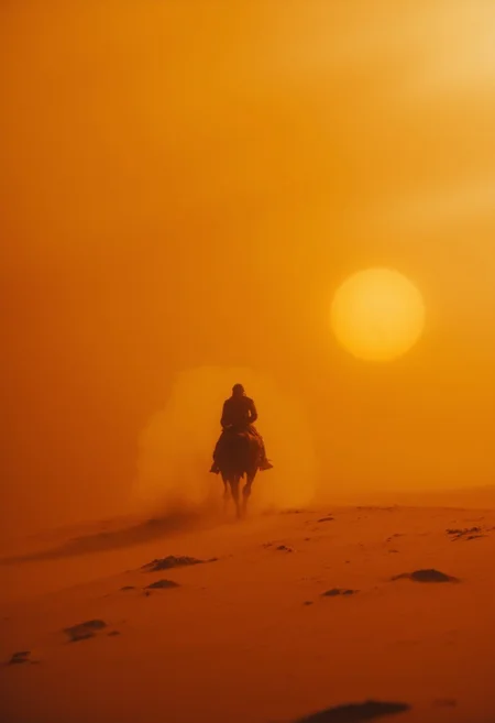 Vibrant, atmospheric analog photo with hyper-detail and photorealism, capturing a vast desert scene during a powerful sandstorm at sunset. In the distance, barely visible on the horizon, a lone dark rider on a sturdy Bedouin horse emerges, silhouetted against the swirling sands. The sandstorm obscures much of the landscape, creating a thick, gritty haze that almost hides the figure entirely. The faint glow of the setting sun filters dimly through the dense dust, casting a ghostly orange and amber light across the scene, adding an aura of mystery and solitude to the rider’s journey through the relentless desert storm.