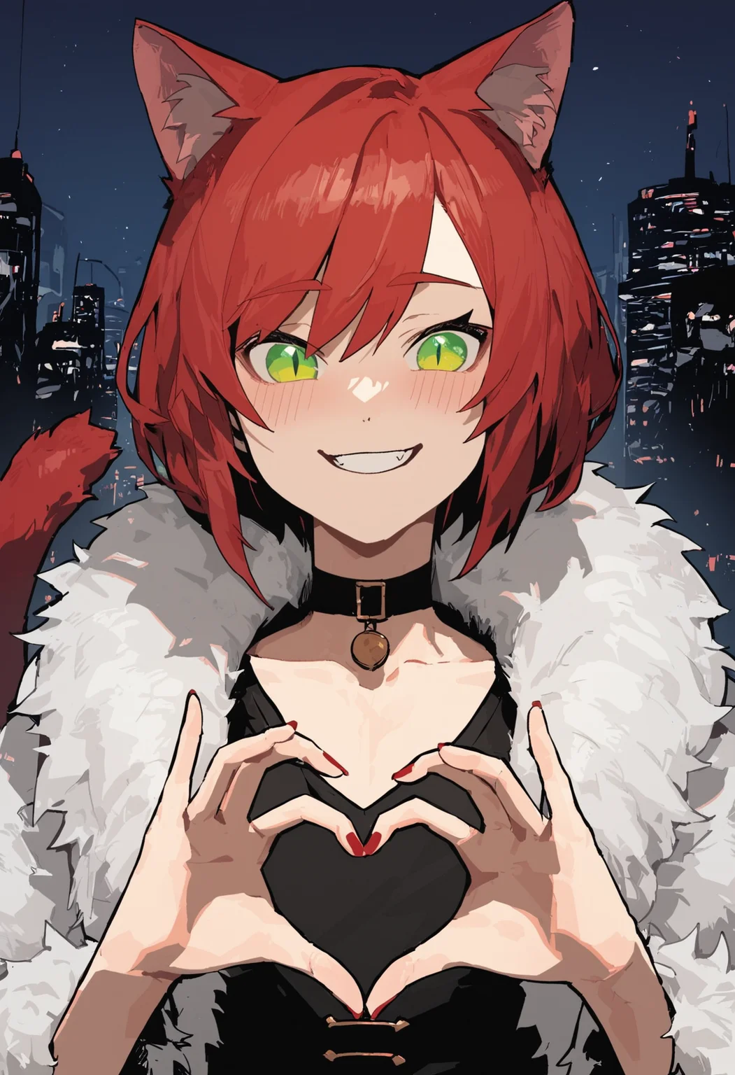 score_9, score_8_up, score_7_up,
1femboy, skinny, catboy, red tail, red cat ears, bob hair, red hair, green eyes, slit pupils, detailed eyes,
detailed eyes looking at viewer, blush, smile,
fur coat, hugging fur, chinese shirt, choker, close up face, night city,
heart hands, red nails,
<lora:Gogalking_-_style:0.8>, gogalking,