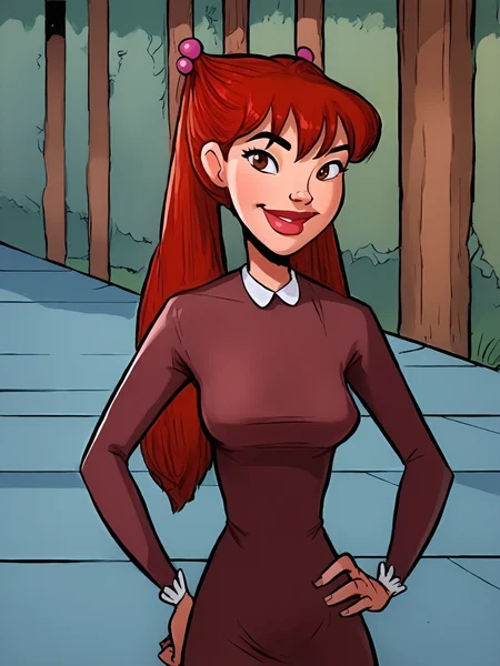 <lora:JuliaHarveyPony1.2:1> juliah, red hair, thick lips, 1girl, long hair, solo, hair bobbles,twintails, breasts, brown eyes, dress, socks, looking at viewer,upper body,hand on own hip, smile,outdoors,cowboy shot, score_9, score_8_up, score_7_up, score_6_up, score_5_up, score_4_up