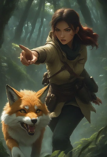 Ranger and nine-tailed fox, 1woman, pointing, charging, jungle, pokemon