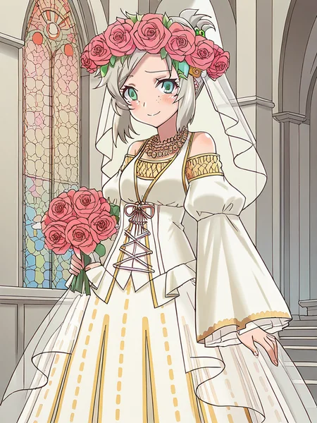 score_9, score_8_up, score_7_up,
1girl, lucy rf, grey hair, green eyes, small breasts, freckles, folded ponytail, hair ornament,
wedding dress, white dress, long dress, pearl necklace, veil, flower crown, bride, detached sleeves,
standing, smile, closed mouth, blush, looking at viewer, tears, chapel, solo, bouquet, holding flowers, indoors, church, stained glass,