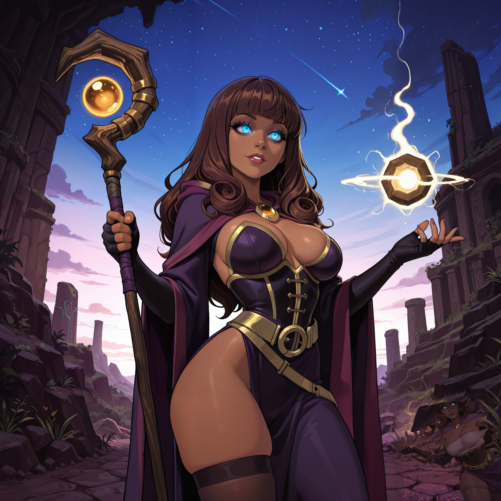 2d, very awa, absurdres,

masterpiece, best quality, highres,

eye contact:1.15, facing viewer:1.25, cowboy shot, pinup pose, sexy pose,

BREAK

1girl, solo, female mage, sorceress, ((thick bangs)), ((long layered hair)), glowing eyes, long eyelashes, soft round face, elegant features, __natural_skin_tones__, __natural_eye_color__, __natural_hair_color__, __randomized_hair_style__, __breast_size__,

slender curvy figure, small waist, wide hips, hourglass silhouette, graceful posture, magical aura surrounding hands, subtle skindentation,

BREAK

deep purple and gold-trimmed robe with high slit, revealing enchanted corset, thigh-high stockings with arcane glyphs, golden belt with gemstone center, sheer cape flowing behind, fingerless gloves glowing with spell runes, staff strapped to back,

BREAK

detailed background, detailed scenery, outdoors, mystical mountain ruins under a twilight sky, glowing magical symbols on stone structures, swirling arcane energy in the air.