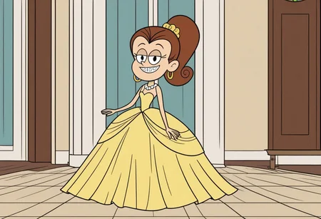 1girl, solo, Luan Loud, brown hair, ponytail, black eyes, yellow scrunchie, braces, buck teeth, long hair, parted bangs, princess make up, Very long large floor length wide straight tulle yellow long sleeved ball gown hoop skirt, ball gown hoop skirt, yellow princess dress, hoop dress, white pearl necklace, my big princess gypsy wedding dress, ballgown, a girl in a dress posing like a princess for a picture, looking at viewer, pretty eyes, flirtatious look, half closed eyes