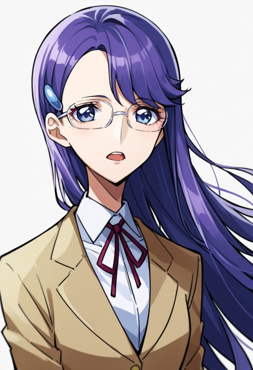 score_9, score_8, score_7, source_anime, tsukikage yuri, glasses, hairclip, upper body, open mouth, standing, jacket, skirt, ribbon, white shirt, sketch, collared shirt, blazer