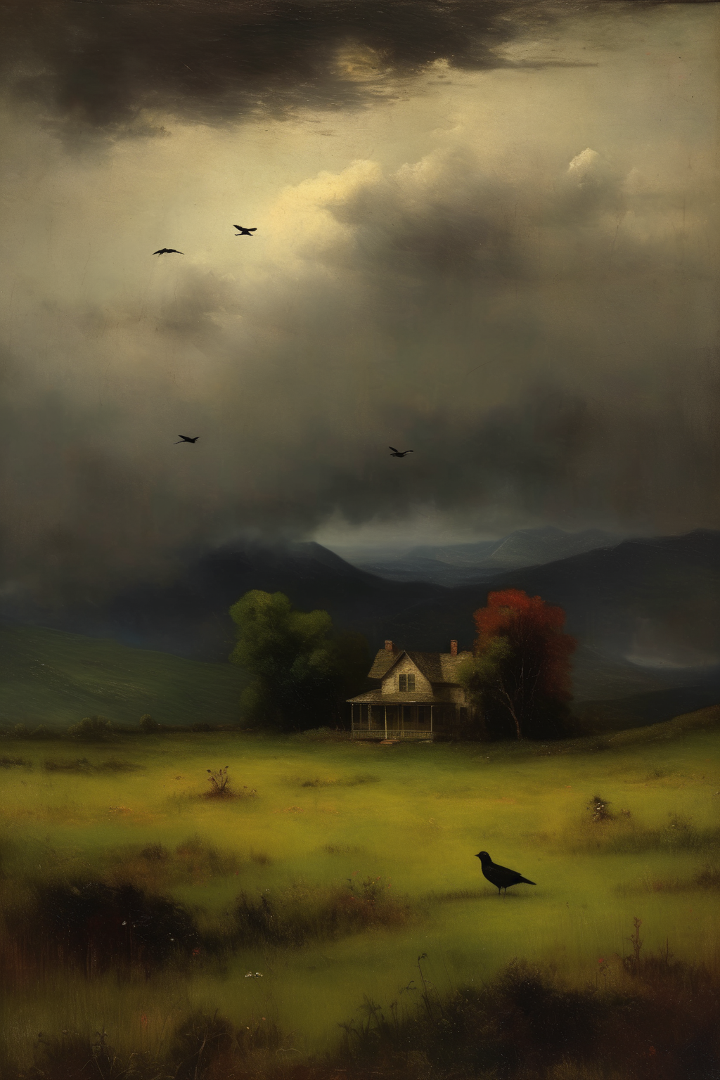 <lora:Worthington Whittredge Style:1>Worthington Whittredge Style - Style of george inness painting small house in a meadow as seen from hilltop with big mountains in the distance and birds in the cloudy sky in dark mood
