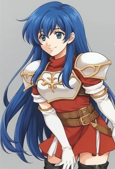 score_9, score_8_up, score_7_up, source_anime BREAK <lora:zs_FE9PortraitsXL:1> fe9portraits, solo, cowboy shot, simple background, 1girl, female focus, <lora:caeda-fe-richy-v1_pdxl:1> caedadef, blue eyes, blue hair, long hair, bangs, turtleneck, red shirt, shoulder armor, pauldrons, breastplate, multiple belts, brown belt, white gloves, elbow gloves, red skirt, black thighhighs, white boots, smile