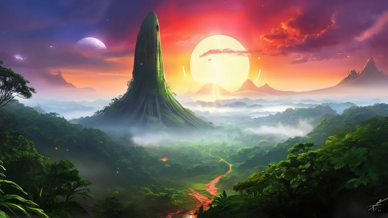a hughe hill with a single large decorative monument , Rainforest , , sunrise with morning fog near ground , sunlight with godrays, , thunderstorm, lighting strikes, , supernova, red dwarf, stars, supernova, ,
science fiction digital painting,