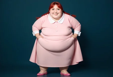 photorealistic, score_9, score_8_up, score_7_up BREAK helphu, 1girl, black eyes, red hair, pigtails, pale yellow skin, white-collared pink dress, pink shoes, looking at viewer, photo, fat, obese, toad-like, smiling