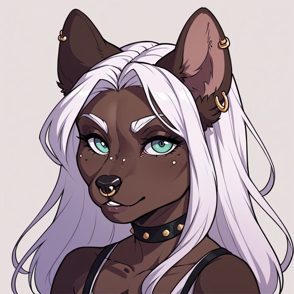 score_9, score_8_up, score_7_up, by missy, close-up face, nose piercing, piercing, solo, animal ears, 1girl, ear piercing, earrings, jewelry, dark skin, looking at viewer, furry, long hair, portrait, furry female
