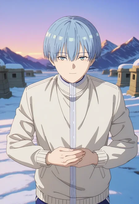 masterpiece, best quality, intricate details, anime screencap, , , looking at viewer, depth of field, 1boy, solo, male focus, <lora:himmel_sousou_no_frieren_ilxl:1>, himmel_sousou_no_frieren, blue hair, blue eyes, short hair, bangs, hair between eyes, mole under eye, mountain sanctuary, stone temples, snow paths, meditation peaks, peaceful pose, serene expression, dawn, Joggers, Polo jacket, , ,
