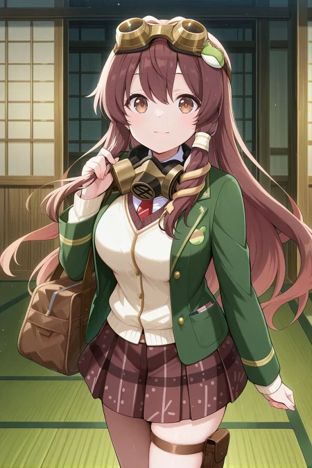 absurdres, highres, masterpiece, best quality, amazing quality, official anime artwork, screencap, anime screencap, indoors, light smile,
<lora:Sanae-Kochiya_IllustriousV2:1> kochiya sanae, 1girl, solo, brown eyes, brown hair, long hair, brown frog ornament, brown snake ornament,, kochiya sanae \(legacy of steel and steam\), alternate costume, alternate eye color, alternate hair color, goggles on head, brown goggles, gas mask, green jacket, open jacket, long sleeves, school uniform, white shirt, buttons, plaid skirt, brown skirt, thigh pouch, black socks, brown shoes, bag, steel frog ornament,