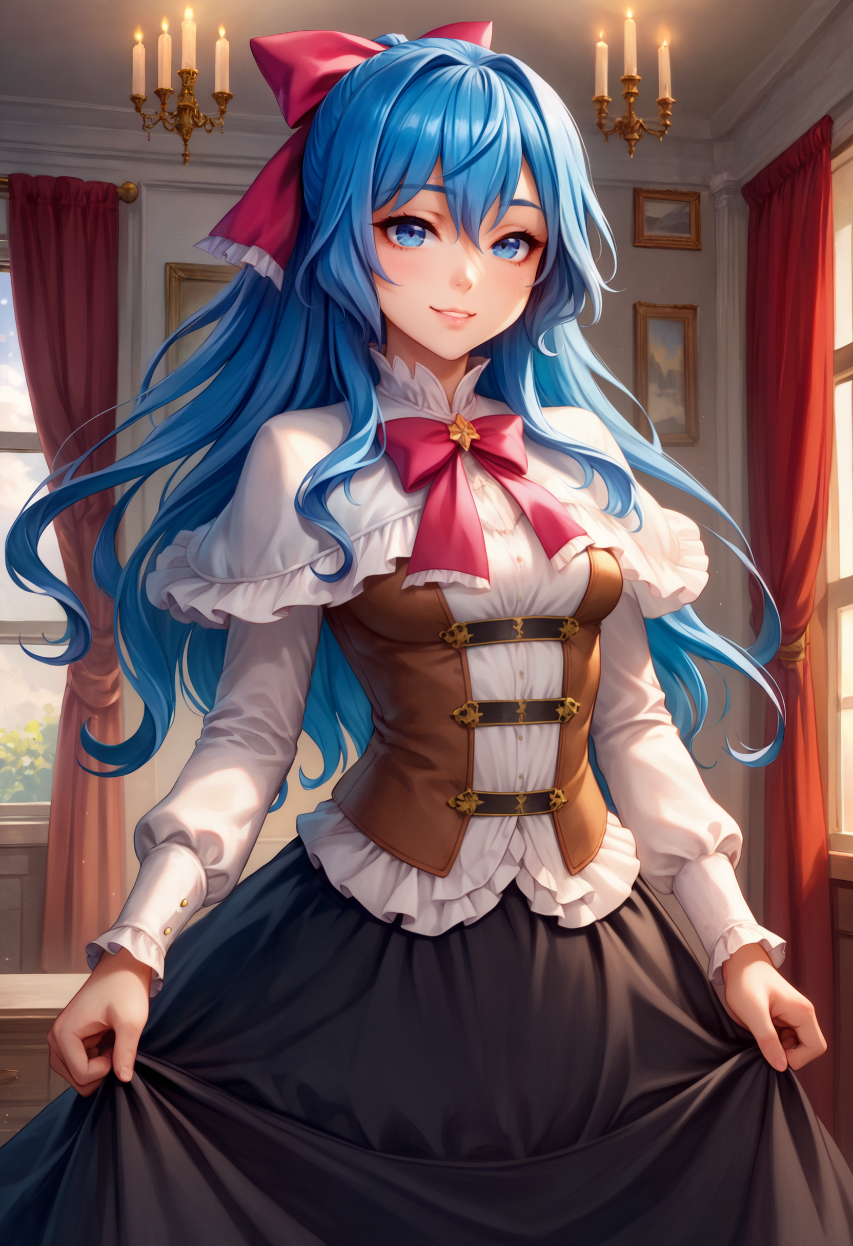 zPDXL, 1girl BREAK
liselotte, default outfit, blue hair, blue eyes, sidelocks, hair bow, black skirt,
seductive smile,
standing, cowboy shot, 
indoors,
 <lora:liselotte-ot-pony3-006:0.8>