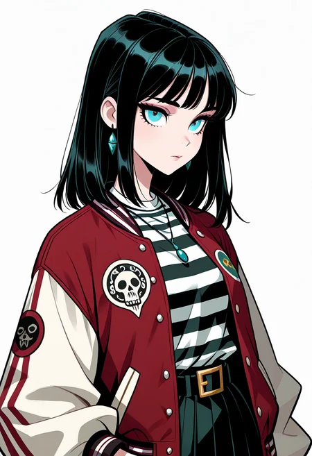 masterpiece, best quality, 1girl, solo, eyelashes, (beautiful eyes), skirt, shirt, jewelry, jacket, frills, striped, belt, necklace, striped shirt, letterman jacket, <lora:Style60_IXL:1.0>,