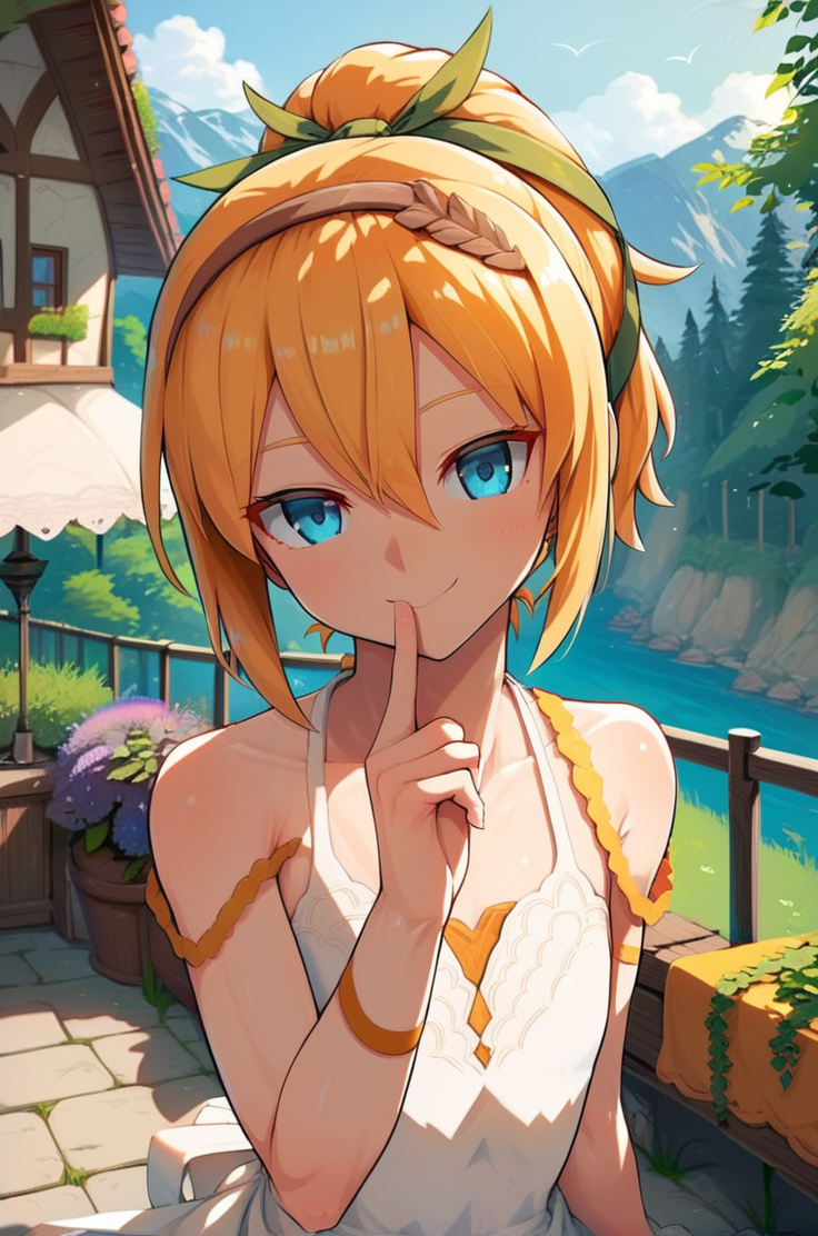score_9, score_8_up, score_7_up, very aesthetic, source_anime, detailed, high quality, beautiful, masterpiece,
<lora:lightXL:0.8> neolight,scenery, outdoors, village, tree, mountain view, daylight,
cowboy shot, upper body,  close up, first person view, 
flat chest,  naughty  smile, dynamic pose, hand on chin, looking at viewer,
<lora:edna_v03:1>
ednadef, short hair, blonde hair, orange hair, high ponytail, blue eyes, hair between eyes, white dress, sleeveless dress, boots, leg ribbon, brown hairband,  green hair ribbon,, zPDXL