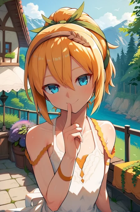 score_9, score_8_up, score_7_up, very aesthetic, source_anime, detailed, high quality, beautiful, masterpiece,
<lora:lightXL:0.8> neolight,scenery, outdoors, village, tree, mountain view, daylight,
cowboy shot, upper body, close up, first person view,
flat chest, naughty smile, dynamic pose, hand on chin, looking at viewer,
<lora:edna_v03:1>
ednadef, short hair, blonde hair, orange hair, high ponytail, blue eyes, hair between eyes, white dress, sleeveless dress, boots, leg ribbon, brown hairband, green hair ribbon,, zPDXL
