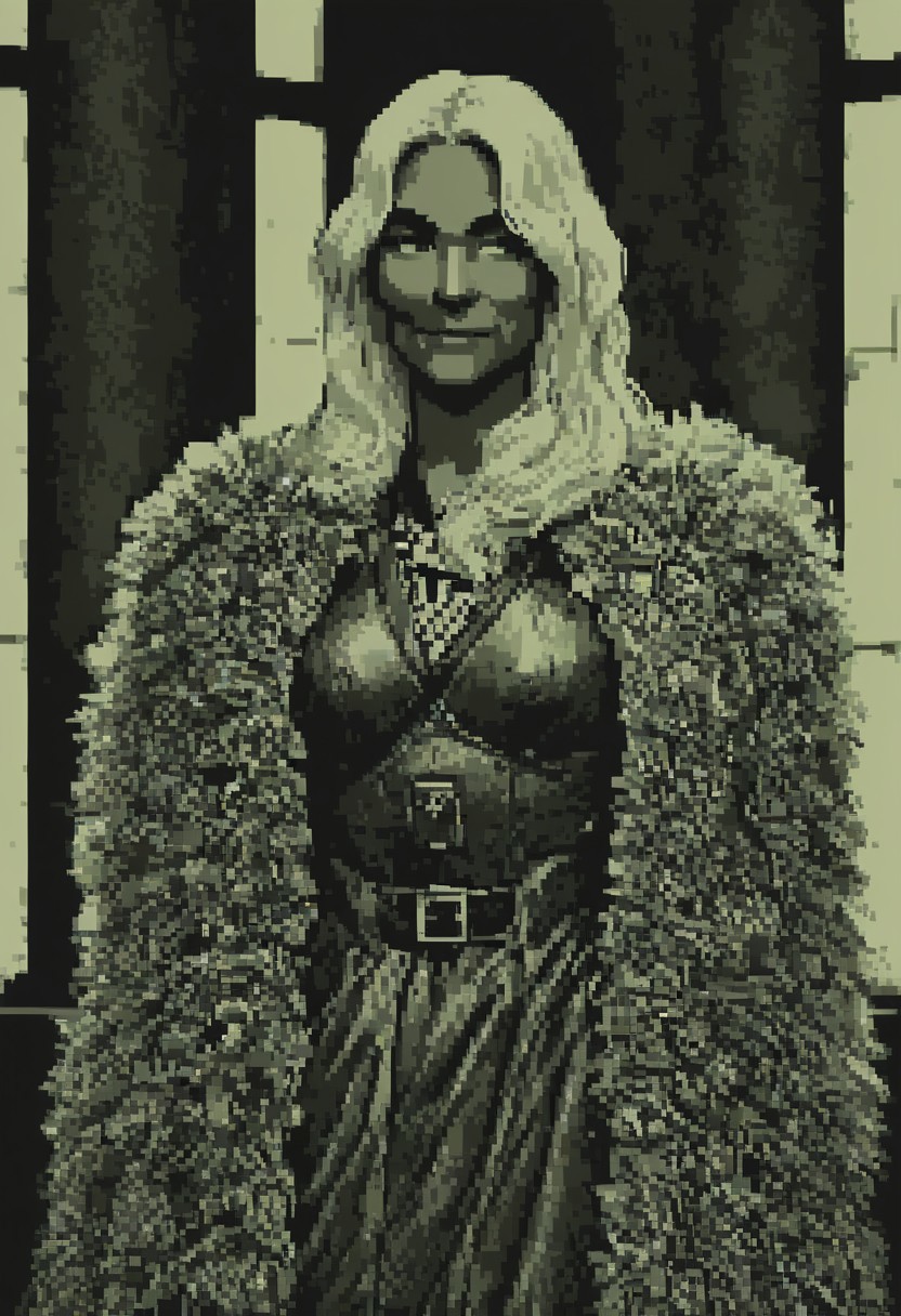 score_9, score_8_up, score_7_up, score_6_up, solo, light hair, dark skin, (big lips:0.6), light shirt, sleeves, armored coat, medium breasts, green eyes, indoors, castle, dark eyebrows, annoyed, smug, detailed, confident, toned body, belts, duelist, elegant, fancy clothing,  green theme, monochrome, pixel, thick eyebrows