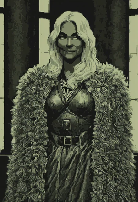 score_9, score_8_up, score_7_up, score_6_up, solo, light hair, dark skin, (big lips:0.6), light shirt, sleeves, armored coat, medium breasts, green eyes, indoors, castle, dark eyebrows, annoyed, smug, detailed, confident, toned body, belts, duelist, elegant, fancy clothing,  green theme, monochrome, pixel, thick eyebrows