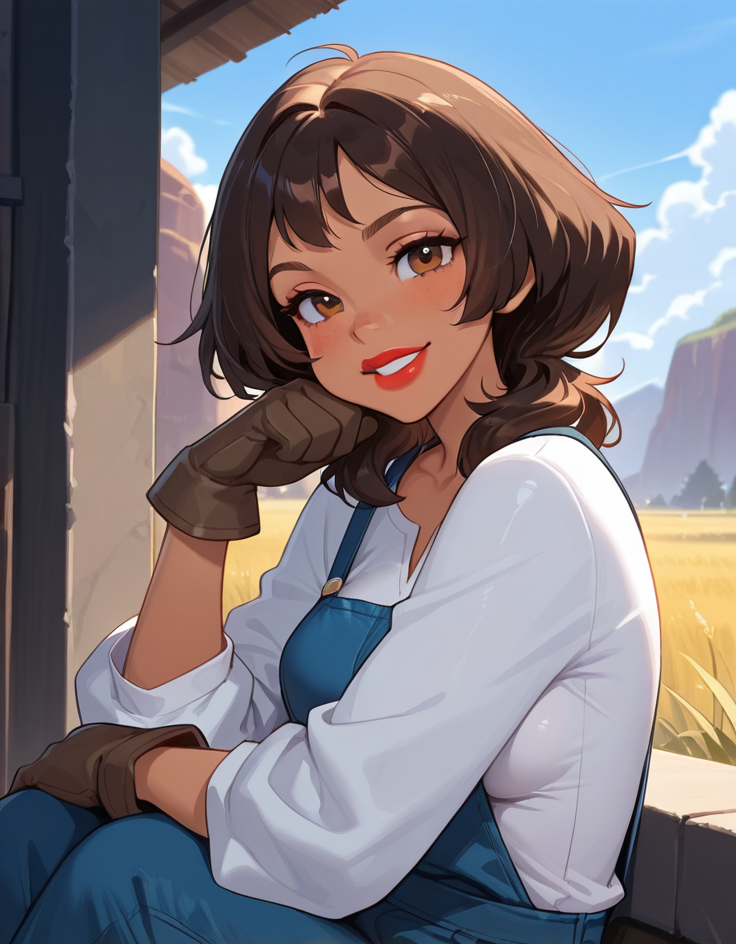 masterpiece, best quality, amazing quality, very aesthetic, absurdres,  newest, detailed background, 4k, 8k, outdoors, beautiful eyes, hyperdetailed,sitting, from side, 
audreyxd, 1girl, solo, red lips, lipstick, dark-skinned female, medium hair,  lips, brown eyes, shirt, gloves, overall, upper body, medium breasts, looking at viewer, grin, blushed,
 <lora:Audrey_Ramirez_-_Disney_Illustrious:1>