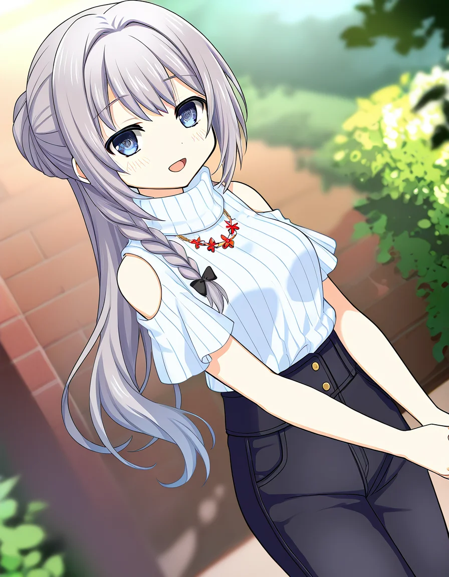 masterpiece, best quality, newest, absurdres, highres, safe, 1girl, yakumo mitama \(casual costume\), magia record: mahou shoujo madoka magica gaiden, short sleeves, pants, solo, open mouth, outdoors, dutch angle, <lora:yakumo_mitama_noobaiXLNAIXL_vPred10Version:0.7>