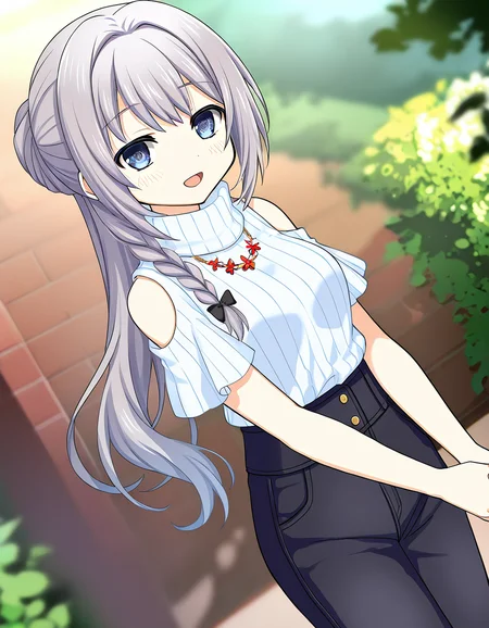 masterpiece, best quality, newest, absurdres, highres, safe, 1girl, yakumo mitama \(casual costume\), magia record: mahou shoujo madoka magica gaiden, short sleeves, pants, solo, open mouth, outdoors, dutch angle, <lora:yakumo_mitama_noobaiXLNAIXL_vPred10Version:0.7>